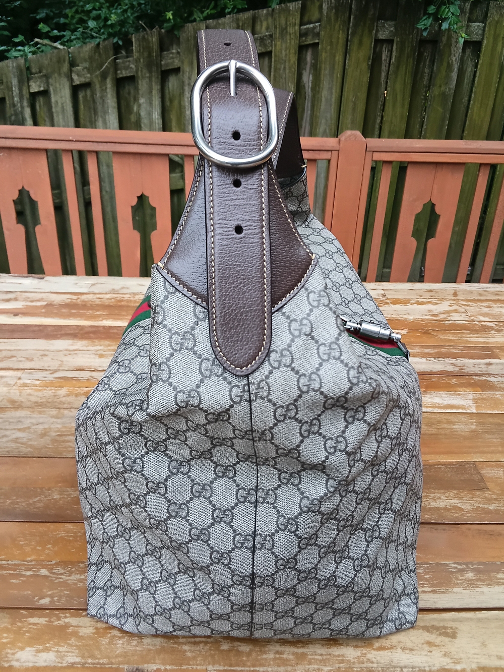Gucci Beige/Gray Monogram Travel Tote with Green & Red Web Stripe - COA INCLUDED - Picture 6 of 16